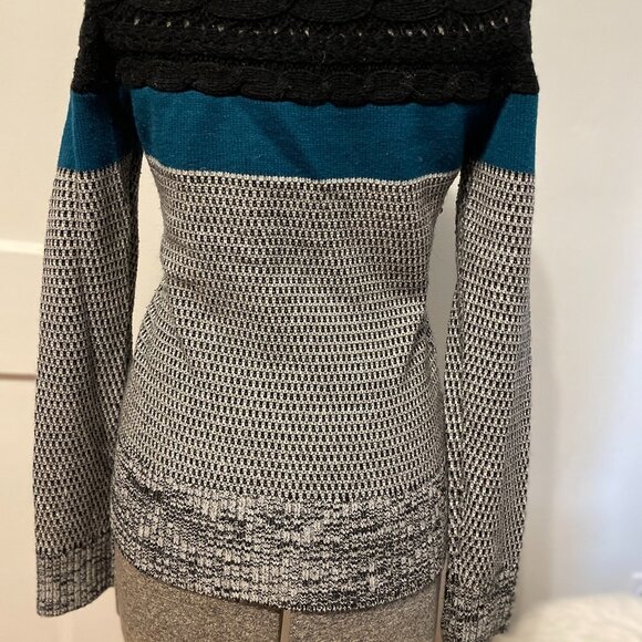 Vtg Mixed-pattern knit Ronson sweater, Medium, chunky Teal black gray top M - Picture 6 of 7